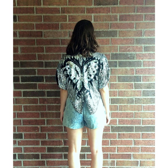 vintage 70s BUTTERFLY SEQUIN silk party statement top cocktail avant garde - Picture 10 of 10